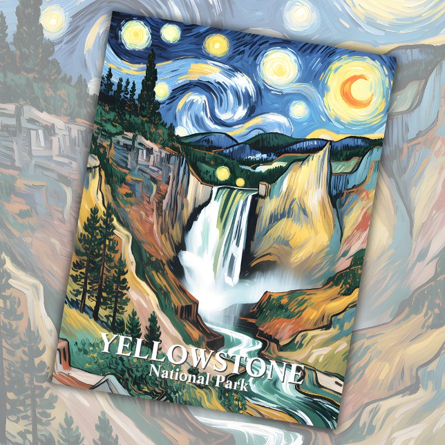 Postal Cascada Yellowstone Personalizado nocturno Van Gog (Yellowstone Waterfall Van Gogh Starry Night Custom Postcard)