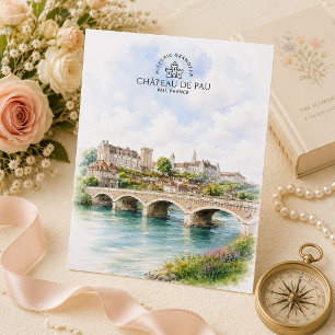 Postal Castillo Château de Pau y Puente – Francia