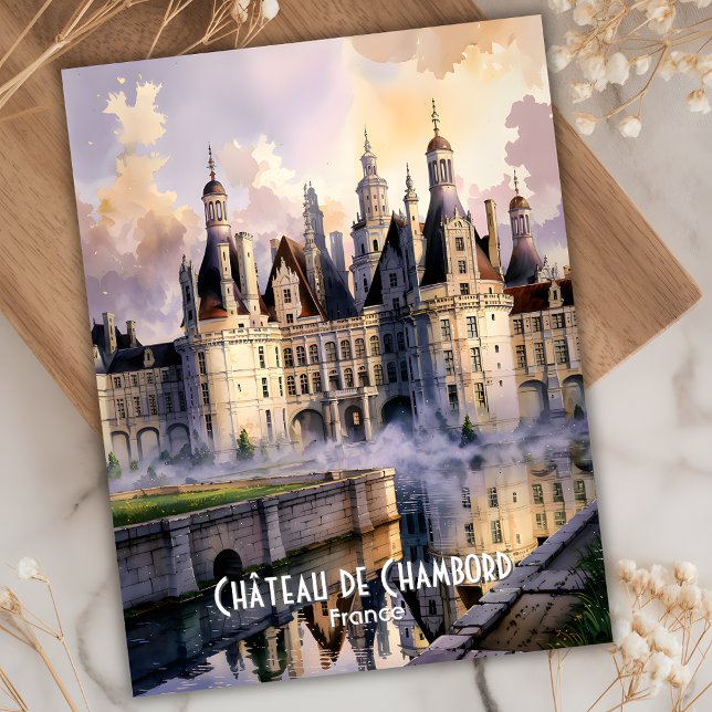 Postal Castillo de Agua Chateau de Chambord Loire (Chateau de Chambord Loire France Watercolor Castle Postcard. Personalized Text available.)