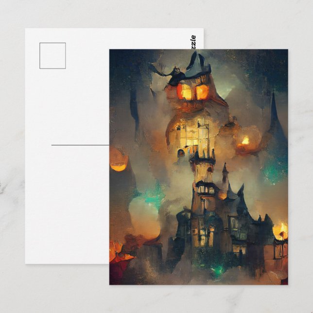 Postal Castillo de Halloween, Fantasma de Halloween, arte (Anverso / Reverso)