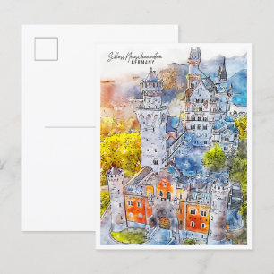 Postal Castillo de Neuschwanstein Alemania acuarela de vi