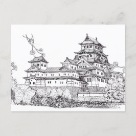 Postal Castillo de Osaka Ilustracion blanco negro de Japó