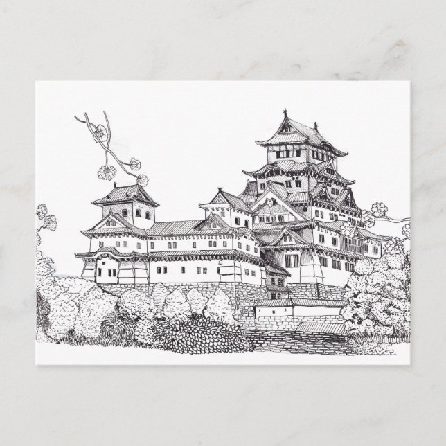 Postal Castillo de Osaka Ilustracion blanco negro de Japó (Anverso)