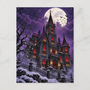 Postal Castillo gótico bajo la Navidad nevada de luna lle