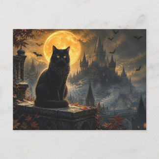 Postal Castillo Gótico de Gato Negro de Halloween