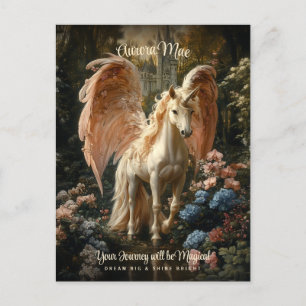 Postal Castillo mágico de unicornio rosa Pegasus