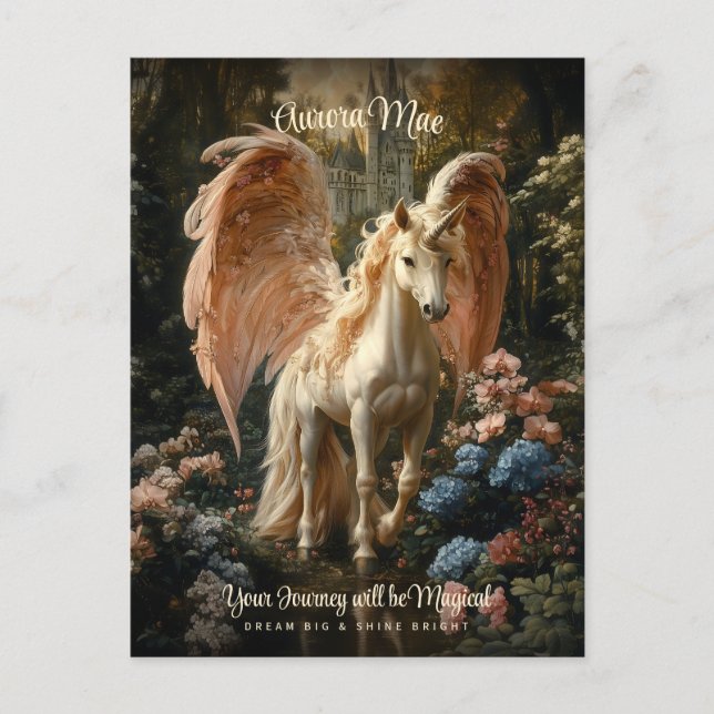 Postal Castillo mágico de unicornio rosa Pegasus (Anverso)