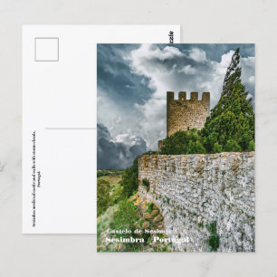 Postal Castillo medieval de Sesimbra y muros, Portugal.