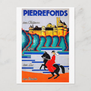 Postal Castillo medieval Pierrefonds, mujer a caballo, co