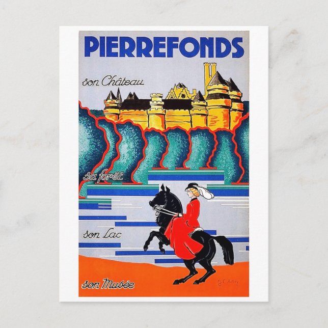 Postal Castillo medieval Pierrefonds, mujer a caballo, co (Anverso)