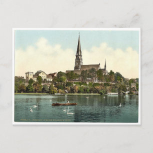 Postal Castillo y lago Miramer, Chemnitz, Sajonia, Aleman