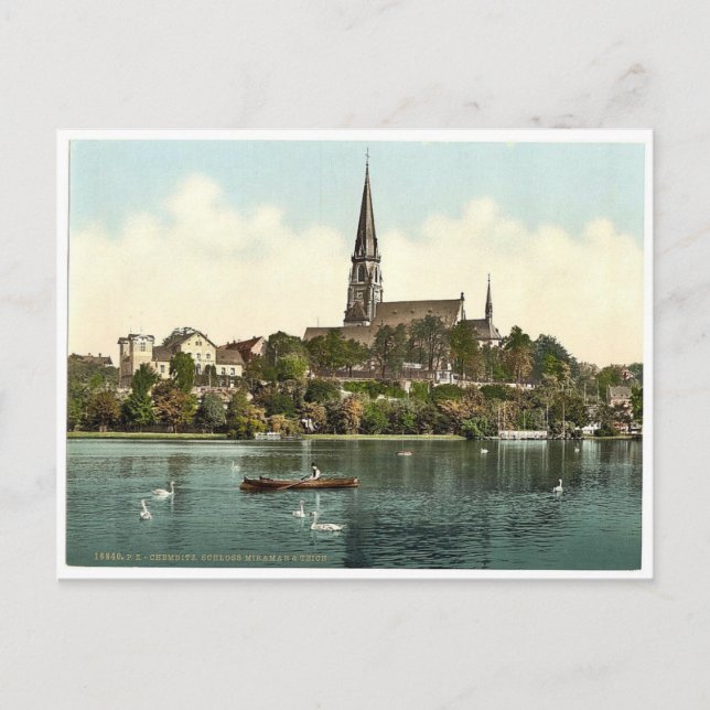 Postal Castillo y lago Miramer, Chemnitz, Sajonia, Aleman (Anverso)