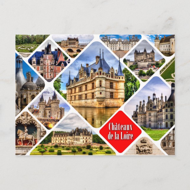 Postal Castillos del Valle del Loira. Collage. (Anverso)