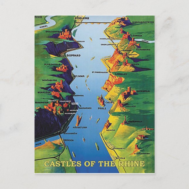 Postal Castillos en el río Rin, Alemania, vintage (Anverso)