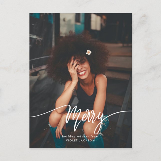 Postal Casual Merry Script Photo Holiday Modern (Anverso)