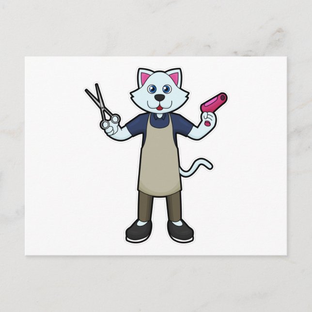 Postal Cat como peluquero con tijeras y secador de pelo (Anverso)