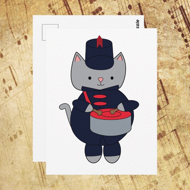 Postal Cat Drummer Marching Band Navy Blue and Red (A postcard with a cat playing the drums in a navy blue & red marching band uniform.)