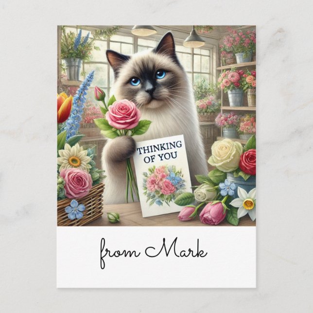 Postal Cat Florist con cartas pensando en ti (Anverso)