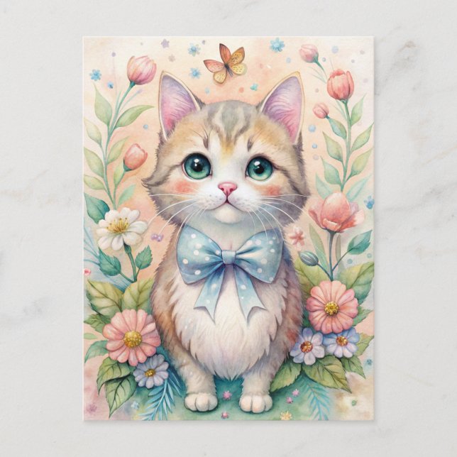 Postal Cat Kitten Pastel Bow Wildflowers  (Anverso)