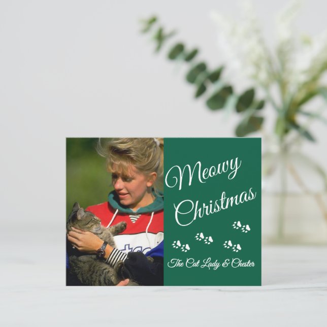Postal Cat Lady Christmas Photo Holiday Paw Prints Green (Anverso de pie)