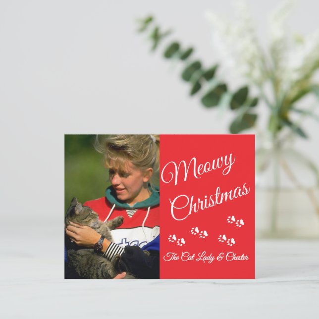 Postal Cat Lady Christmas Photo Holiday Paw Prints Red (Anverso de pie)