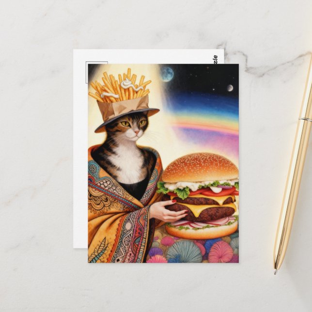 Postal Cat Lady French Fries Hat and a Cheeseburger (Anverso/Reverso In Situ)