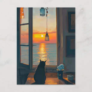 POSTAL CAT POR VENTANA OCEAN SUNSET ART POSTCARDS