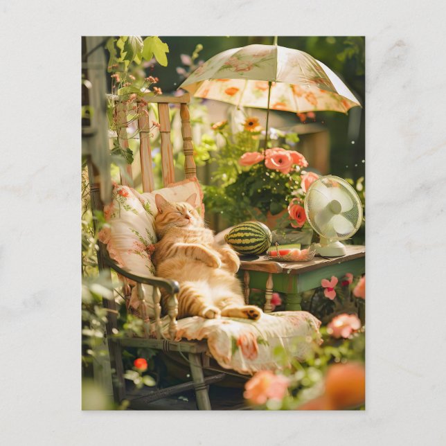 Postal Cat Relaxing in Deck Chair Under Sun Umbrella (Anverso)