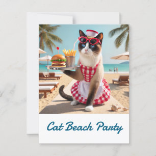 Postal Cat sirve hamburguesa para fiesta de playa