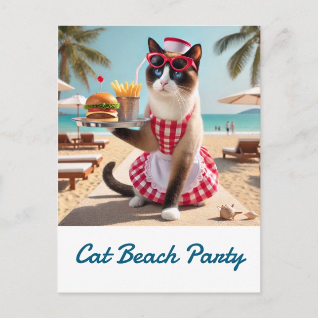 Postal Cat sirve hamburguesa para fiesta de playa (Anverso)