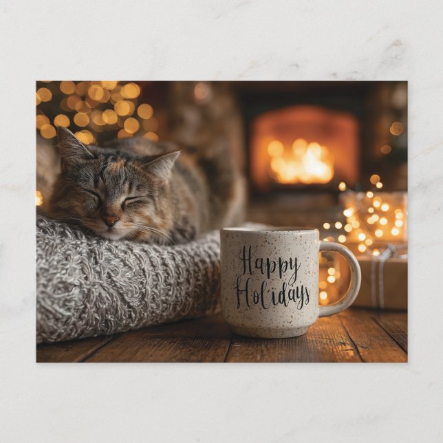 Postal Cat Sleeping Next to a 'Happy Holidays" Mug (Anverso)
