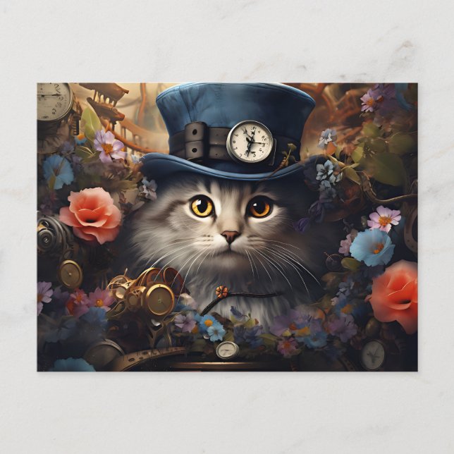 Postal cat with Cylinder and flowers in steam Punk Style (Anverso)
