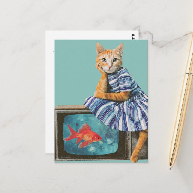 Postal Cat With Goldfish on TV Retro Collage (Anverso/Reverso In Situ)
