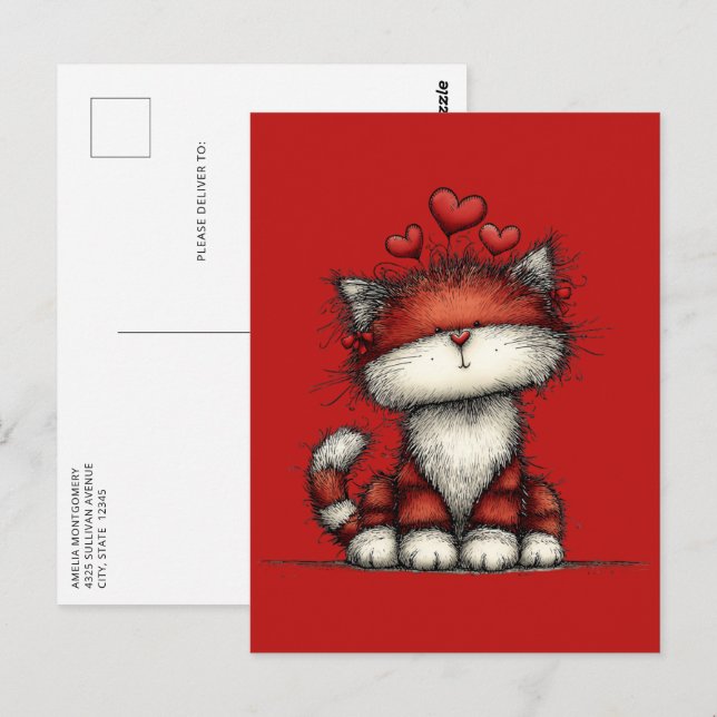 Postal Cat with Red Hearts Cute and Fun (Anverso / Reverso)