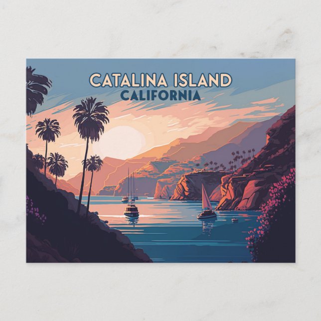 Postal Catalina Island California Boats Sunset Retro (Anverso)
