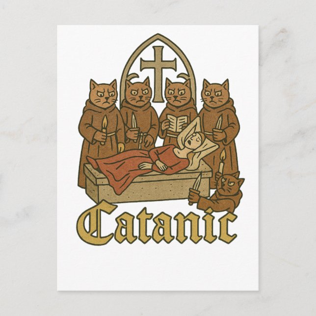 Postal Catánico - Meme medieval de culto al gato (Anverso)
