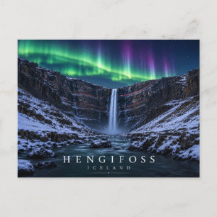 Postal Catarata Hengifoss Arcilla Roja Islandia Aurora