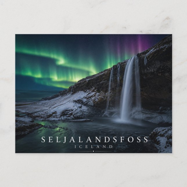 Postal Catarata Seljalandsfoss Islandia Aurora (Anverso)