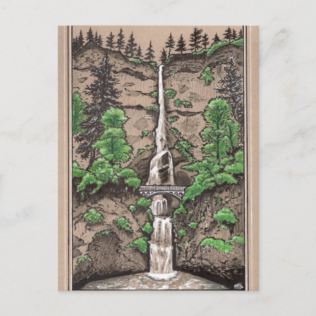 Postal Cataratas Multnomah, dibujo del paisaje de Portlan (Anverso)