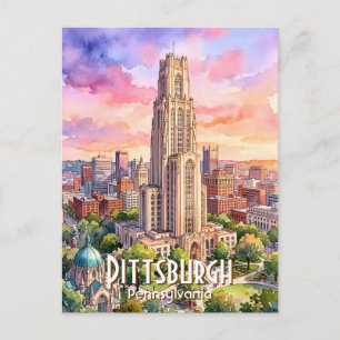 Postal Catedral de Aprendizaje de Pittsburgh en acuarela 