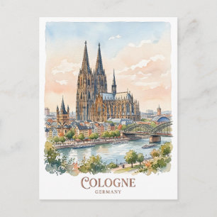 Postal Catedral de Colonia Alemania Acuarela Panorama urb