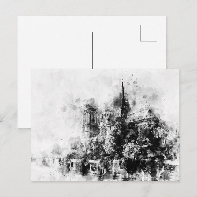 Postal Catedral de Notre-Dame, Ilustracion blanco y negro (Anverso / Reverso)