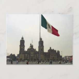 Postal Catedral en el Zocalo del DF con la Bandera Mexica