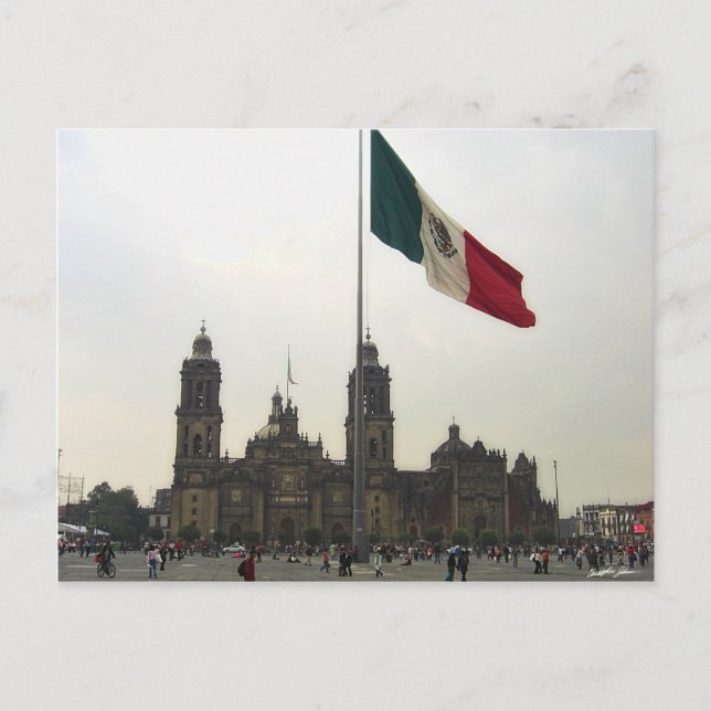 Postal Catedral en el Zocalo del DF con la Bandera Mexica (Anverso)