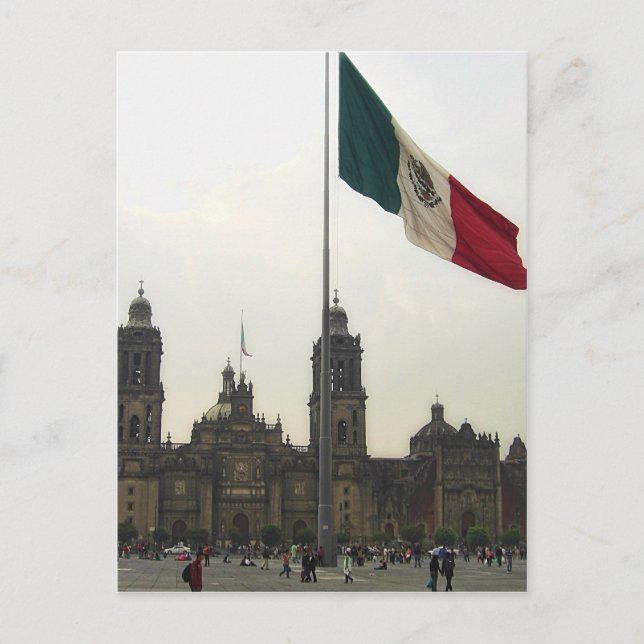 Postal Catedral en el Zocalo del DF y la Bandera Mexicana (Anverso)