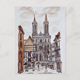 Postal Catedral y casas normandas   Quimper, Francia