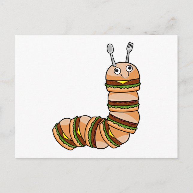 Postal Caterpillar como Cheeseburger con carne y ensalada (Anverso)