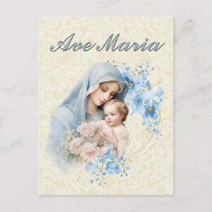 Postal Católica Virgen María Jesús Azul Floral Ave María