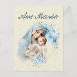 Postal Católica Virgen María Jesús Azul Floral Ave María