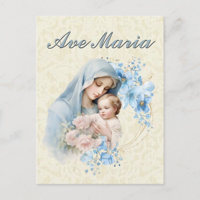 Postal Católica Virgen María Jesús Azul Floral Ave María (Anverso)